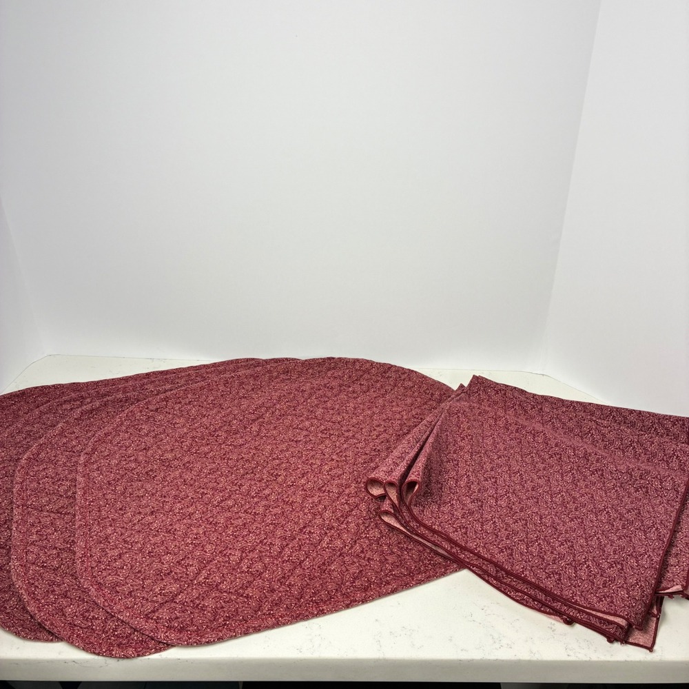 Placemat Napkin Set Burgundy Paisley Quilted 8pc Farmhouse Cottage Table Decor